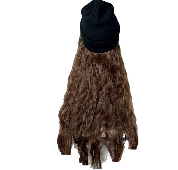 Long Curly Wavy Extensions Wig Hat Reddish Brown Hair Attached Black Knit Beanie - Picture 4 of 15